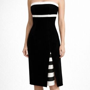 Escada Black Strapless Midi Dress with White Trim and Striped Inset